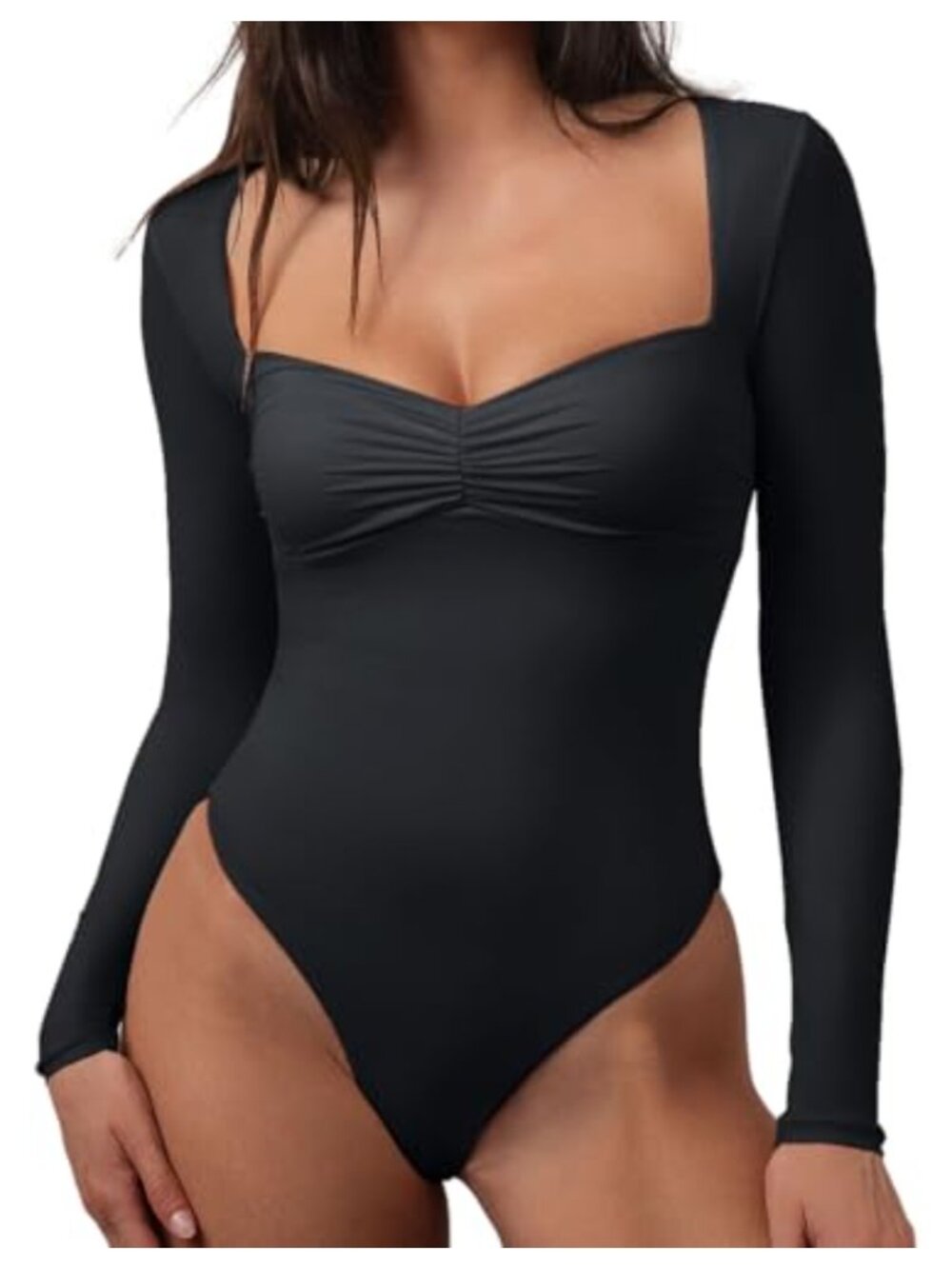 CHYRII Womens Square V Neck Long Sleeve Bodysuit Top